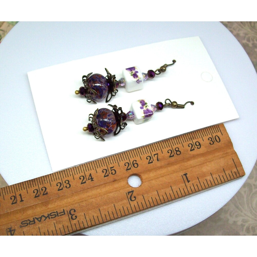 Lampwork Earrings Vintage Style. Bronze, Aubergine Purple, Artisan Crafted Jewel - Picture 10 of 10